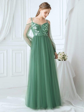 Color=Green Bean | Romantic Spaghetti Straps Sheer Sleeves Applique Tulle Bridesmaid Dresses-Green Bean 4