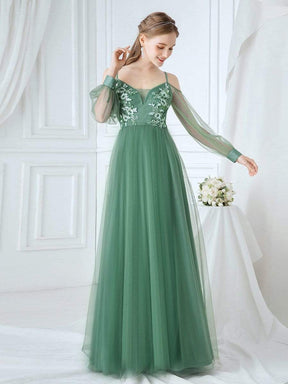 Color=Green Bean | Romantic Spaghetti Straps Sheer Sleeves Applique Tulle Bridesmaid Dresses-Green Bean 1