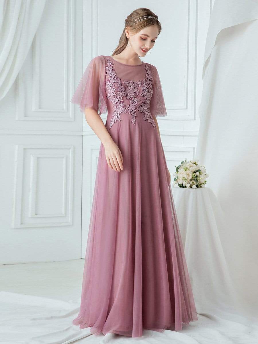 Color=Purple Orchid | Women'S Romantic O Neck Ruffle Sleeve Bridesmaid Maxi Dresses-Purple Orchid 4