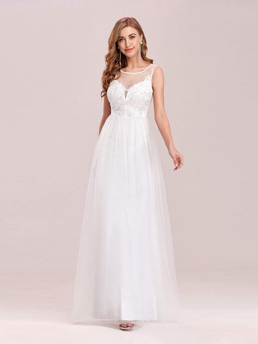 Color=Cream | Elegant Round Neck Tulle Applique Bridesmaid Dress-Cream 7