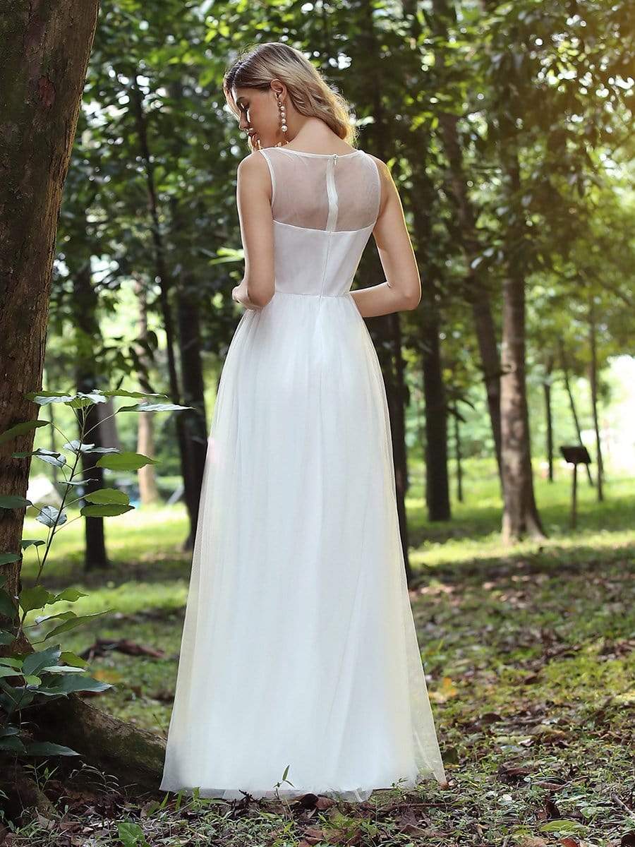 Color=Cream | Elegant Round Neck Tulle Applique Bridesmaid Dress-Cream 3