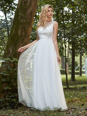 Color=Cream | Elegant Round Neck Tulle Applique Bridesmaid Dress-Cream 1