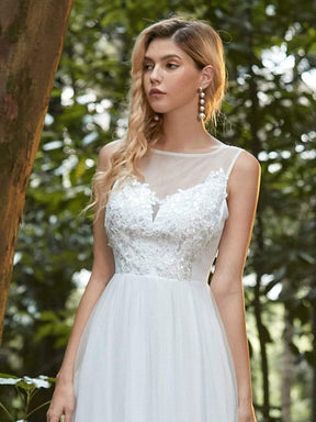 Color=Cream | Elegant Round Neck Tulle Applique Bridesmaid Dress-Cream 5