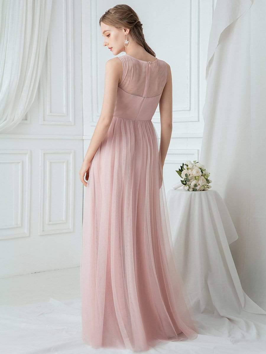 Color=Pink | Elegant Round Neck Tulle Applique Bridesmaid Dress-Pink 2