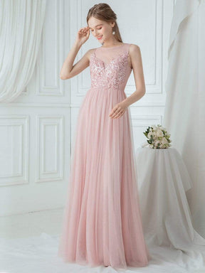 Color=Pink | Elegant Round Neck Tulle Applique Bridesmaid Dress-Pink 4