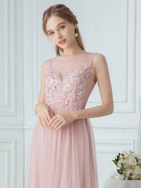 Color=Pink | Elegant Round Neck Tulle Applique Bridesmaid Dress-Pink 5