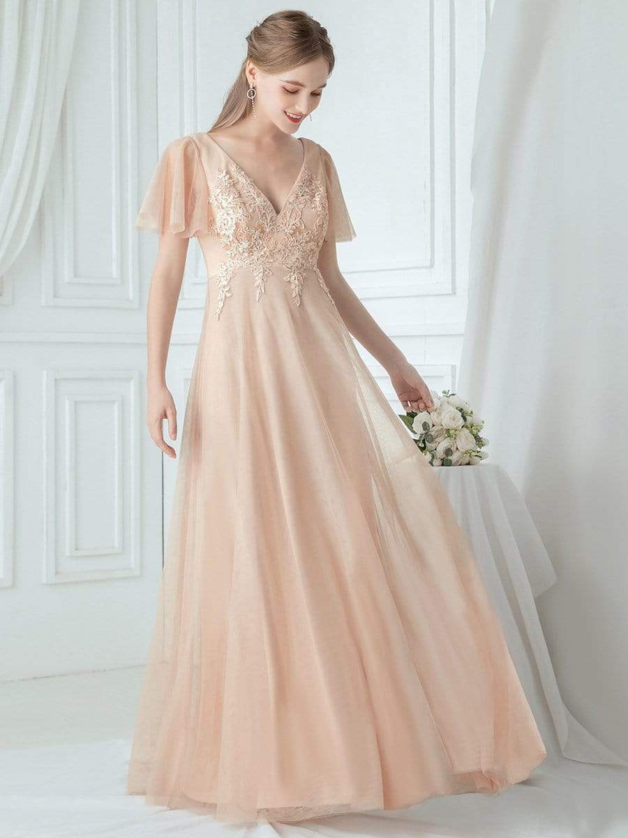 Color=Blush | Rommantic A-Line Ruffle Sleeve Embroidered Bridesmaid Dress-Blush 3
