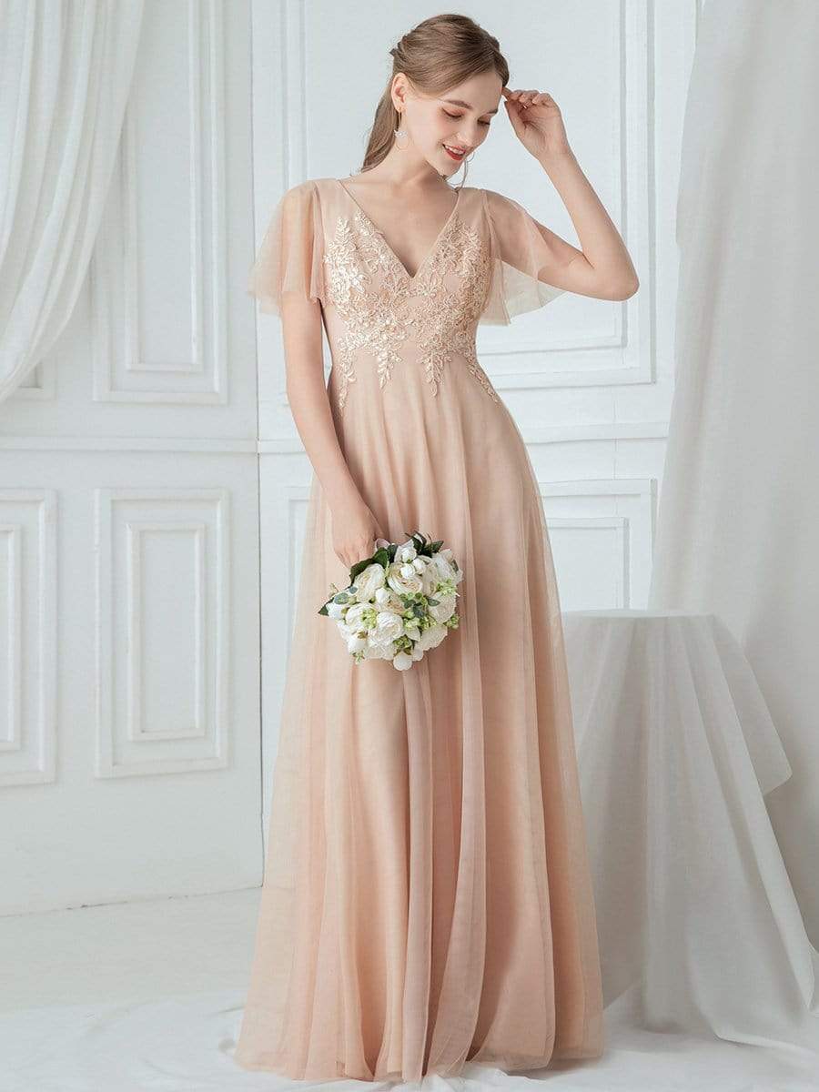 Color=Blush | Rommantic A-Line Ruffle Sleeve Embroidered Bridesmaid Dress-Blush 4