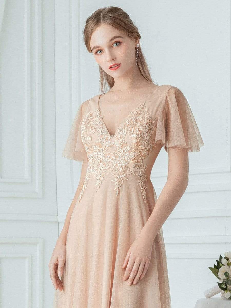 Color=Blush | Rommantic A-Line Ruffle Sleeve Embroidered Bridesmaid Dress-Blush 5