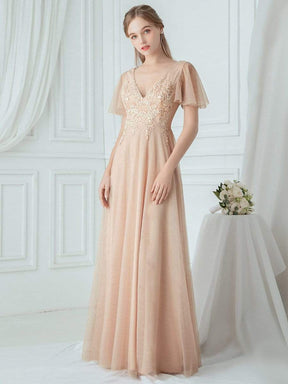 Color=Blush | Rommantic A-Line Ruffle Sleeve Embroidered Bridesmaid Dress-Blush 1