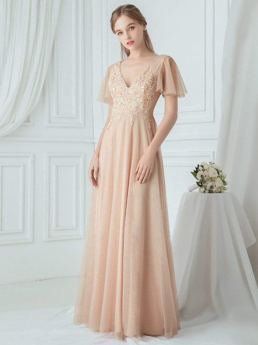 Color=Blush | Rommantic A-Line Ruffle Sleeve Embroidered Bridesmaid Dress-Blush 1