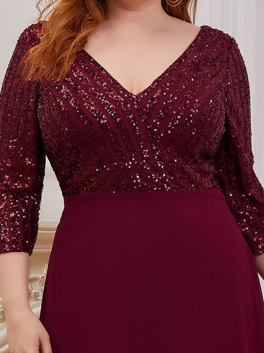 Color=Burgundy | Sexy V Neck A-Line Plus Size Sequin Evening Dress With Sleeve-Burgundy 5