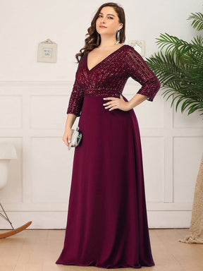 Color=Burgundy | Sexy V Neck A-Line Plus Size Sequin Evening Dress With Sleeve-Burgundy 3