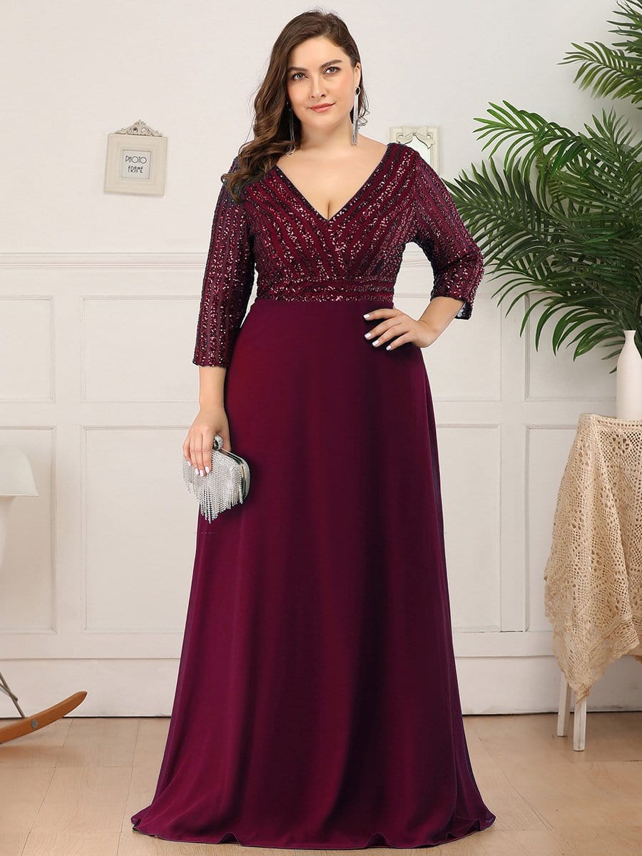 Plus Size Three Quarter Sleeves Sequin Bodice Evening Dress