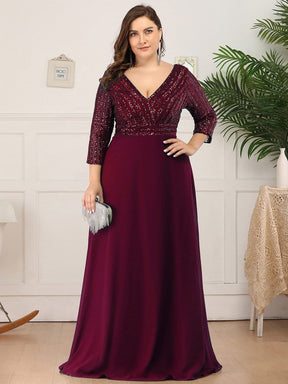 Color=Burgundy | Sexy V Neck A-Line Plus Size Sequin Evening Dress With Sleeve-Burgundy 4