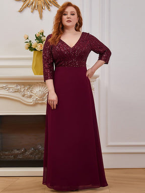 Color=Burgundy | Sexy V Neck A-Line Plus Size Sequin Evening Dress With Sleeve-Burgundy 1
