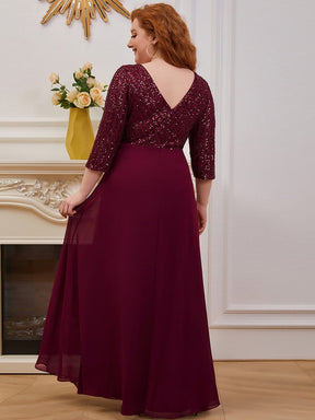 Color=Burgundy | Sexy V Neck A-Line Plus Size Sequin Evening Dress With Sleeve-Burgundy 2