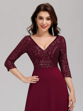 Color=Burgundy | Sexy V Neck A-Line Sequin Evening Dress-Burgundy 5