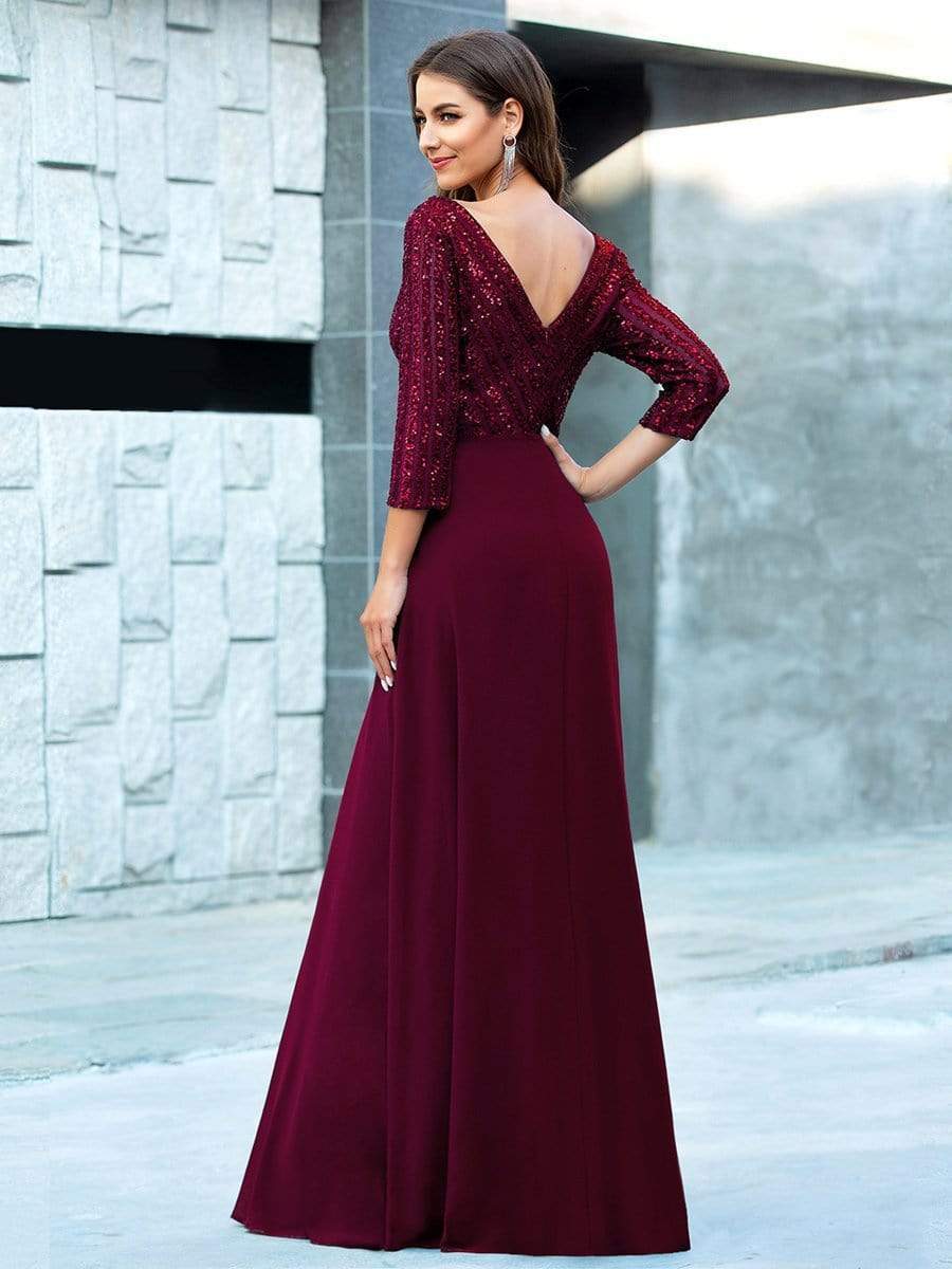 Color=Burgundy | Sexy V Neck A-Line Sequin Evening Dress-Burgundy 7