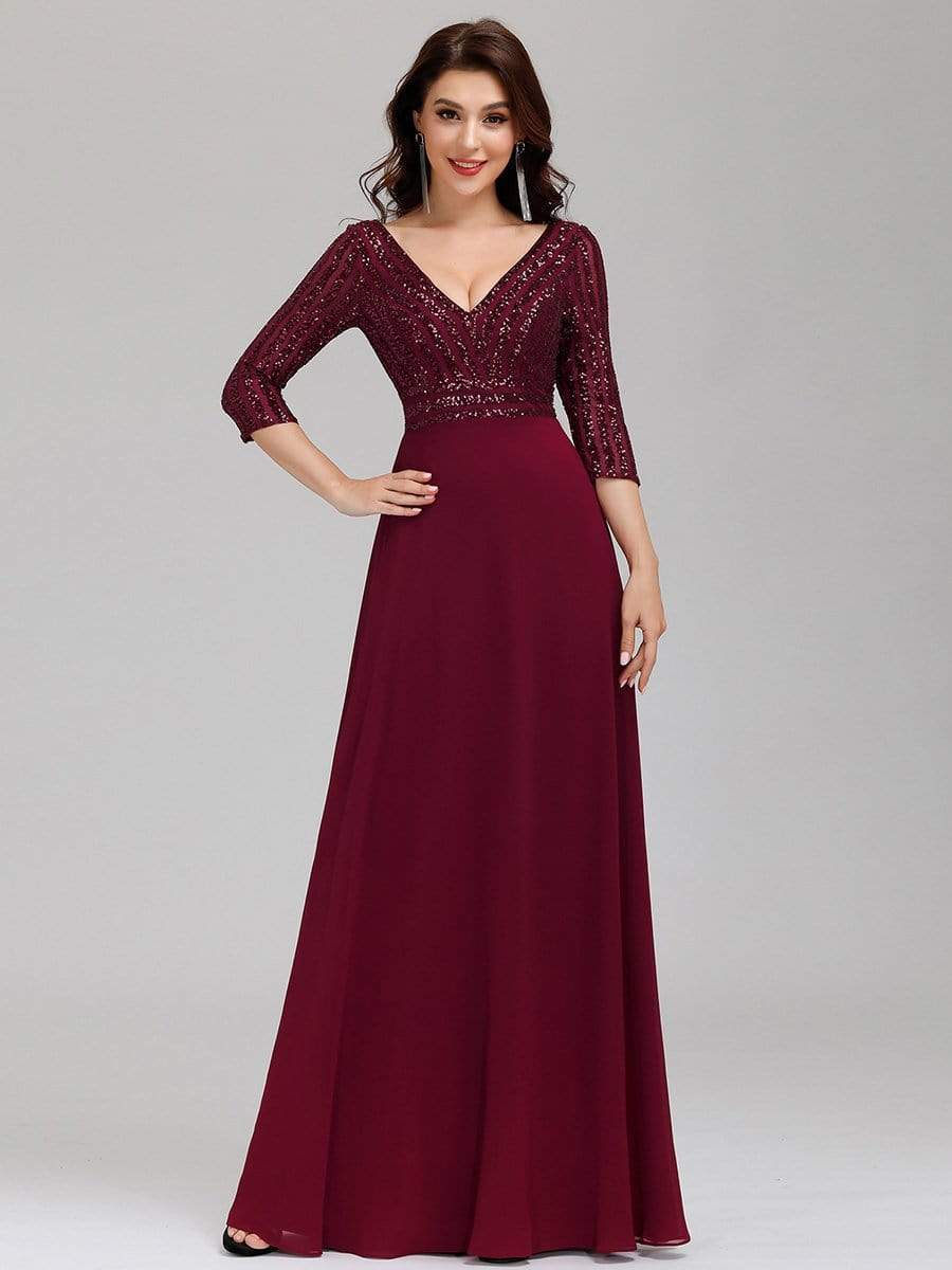 Color=Burgundy | Sexy V Neck A-Line Sequin Evening Dress-Burgundy 1