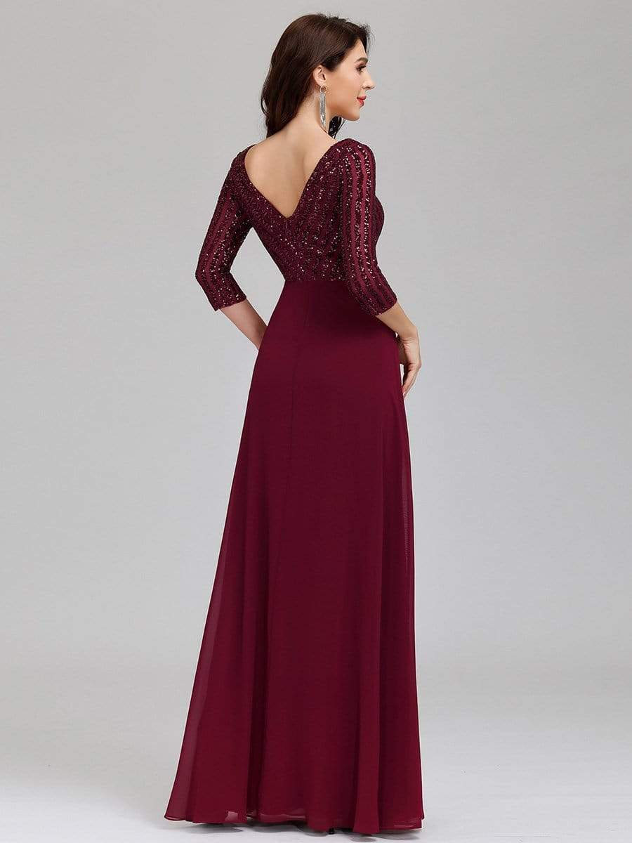 Color=Burgundy | Sexy V Neck A-Line Sequin Evening Dress-Burgundy 2