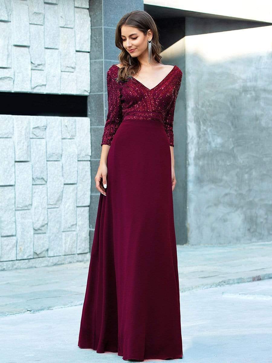 Color=Burgundy | Sexy V Neck A-Line Sequin Evening Dress-Burgundy 6