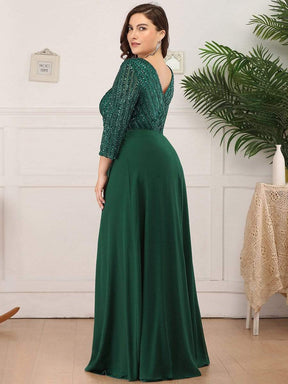 Color=Dark Green | Sexy V Neck A-Line Plus Size Sequin Evening Dress With Sleeve-Dark Green 2