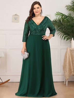 Color=Dark Green | Sexy V Neck A-Line Plus Size Sequin Evening Dress With Sleeve-Dark Green 4