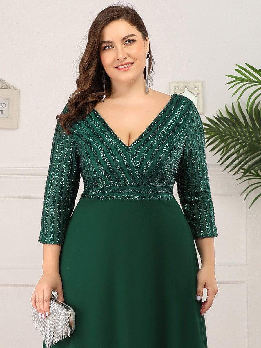 Plus Size Three Quarter Sleeves Sequin Bodice Evening Dress