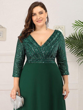 Color=Dark Green | Sexy V Neck A-Line Plus Size Sequin Evening Dress With Sleeve-Dark Green 5