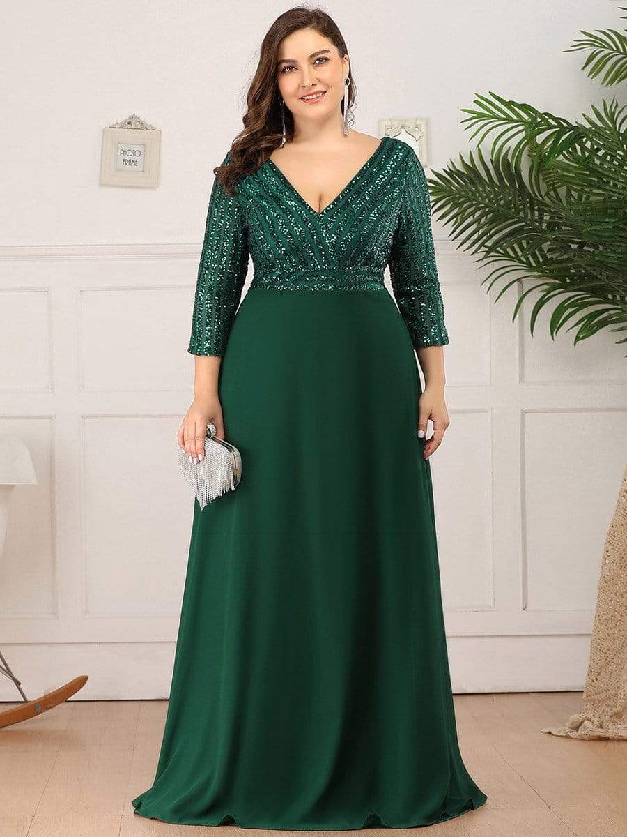 Deep V Neck Sequin Bodice Evening Dress with Sleeves