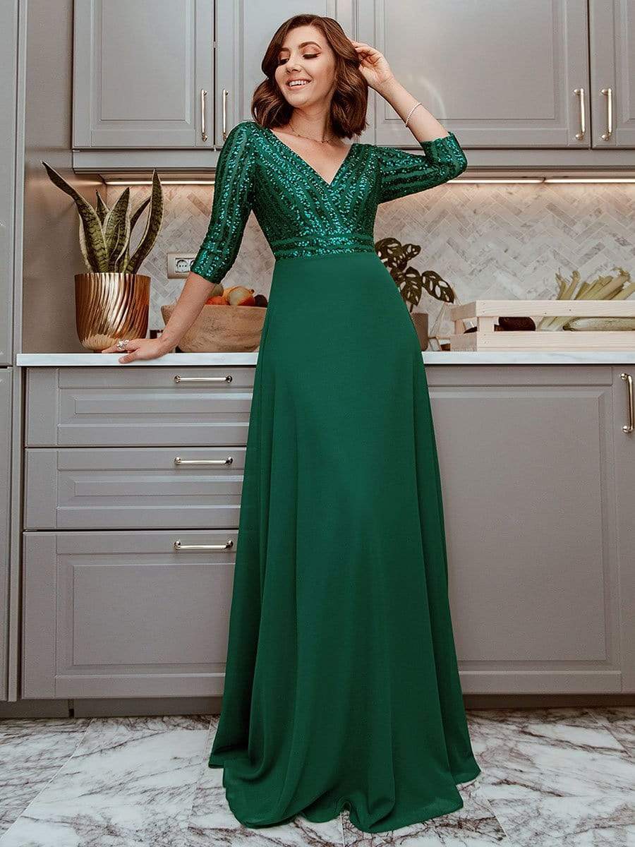 Deep V Neck Sequin Bodice Evening Dress with Sleeves - Ever Pretty AU Deep V Neck Sequin Bodice Evening Dress with Sleeves - Ever Pretty AU