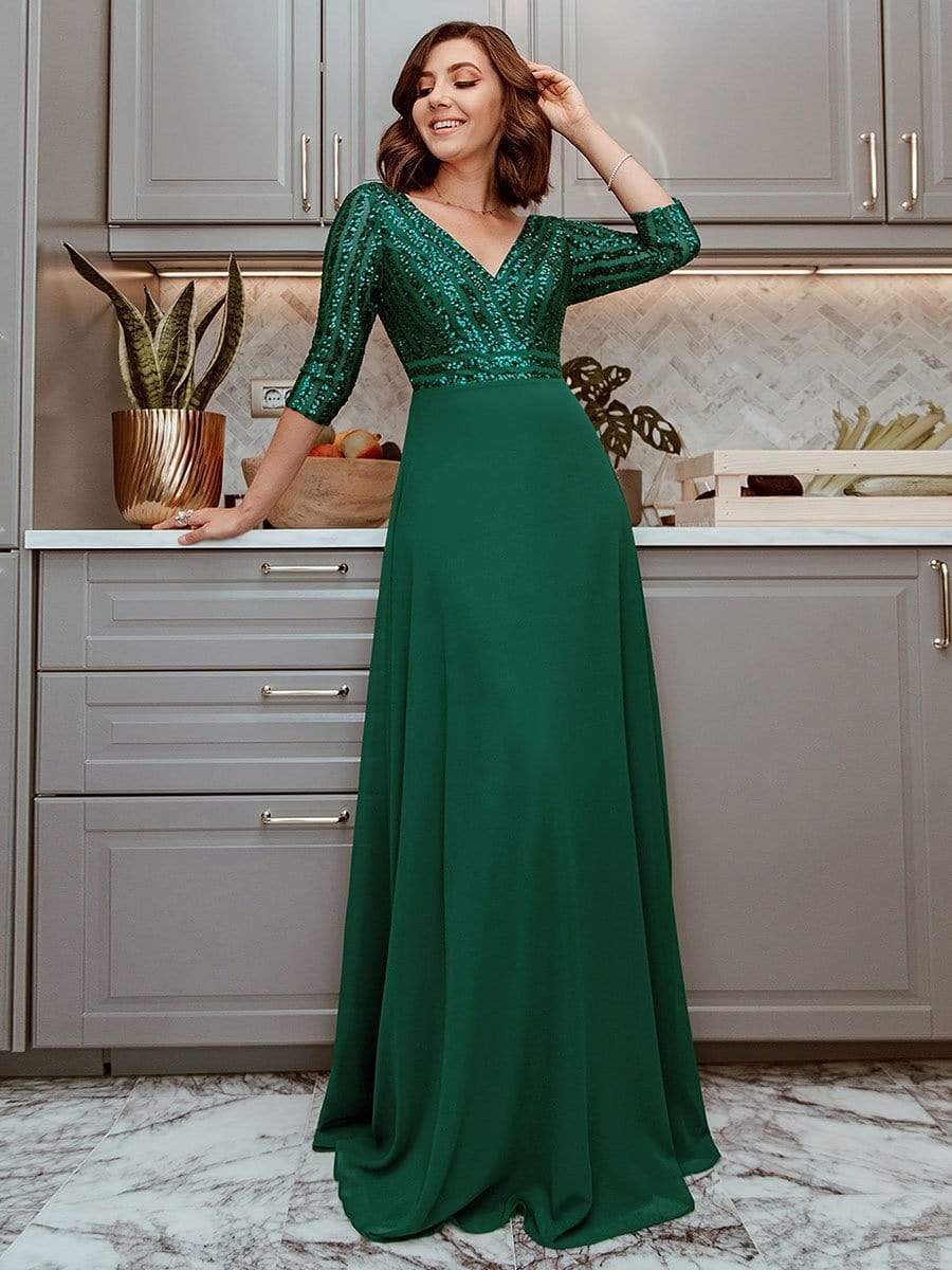 Color=Dark Green | Sexy V Neck A-Line Sequin Evening Dress-Dark Green 1