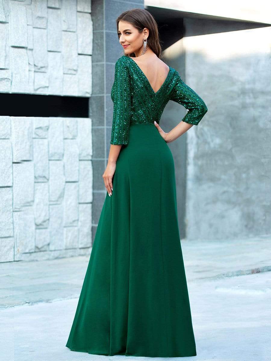 Color=Dark Green | Sexy V Neck A-Line Sequin Evening Dress-Dark Green 16