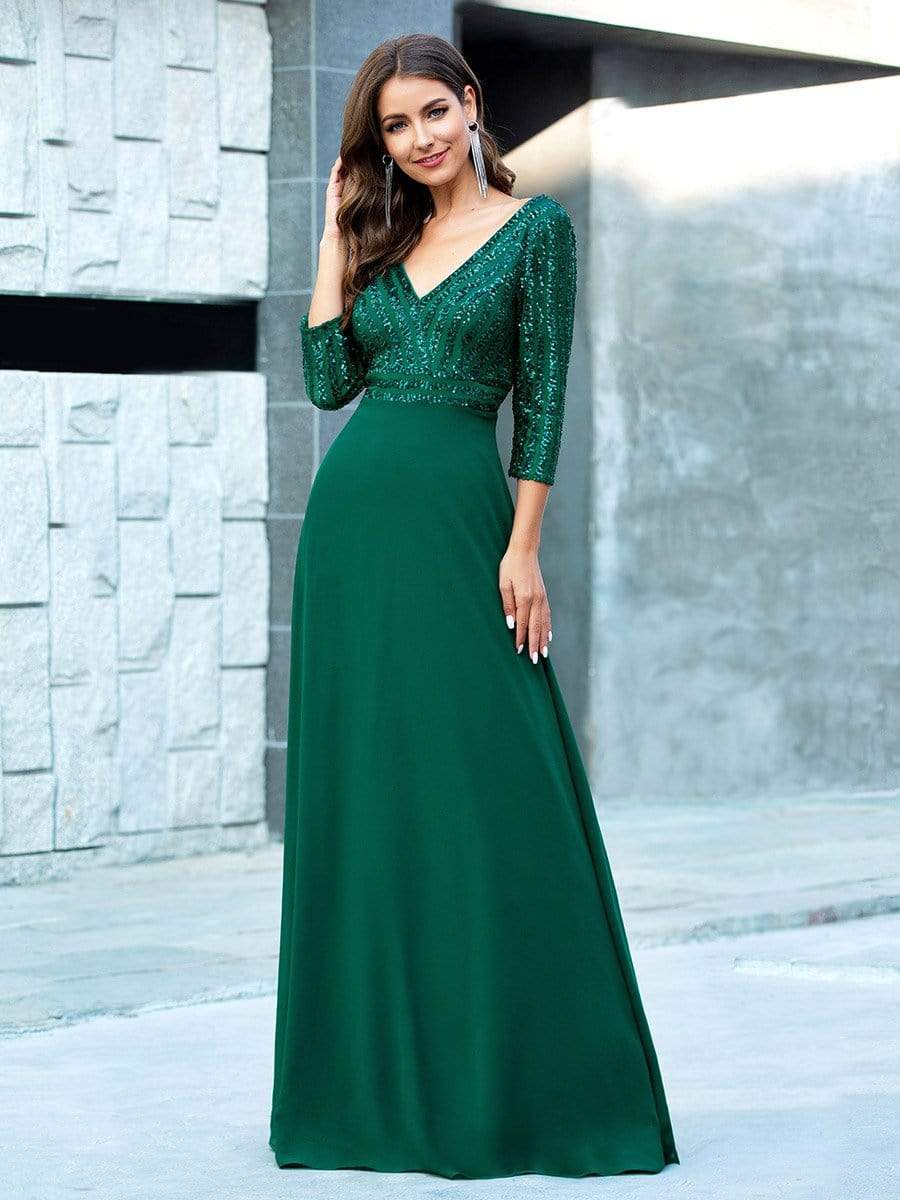 Color=Dark Green | Sexy V Neck A-Line Sequin Evening Dress-Dark Green 18