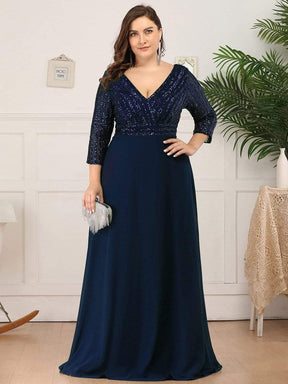 Color=Navy Blue | Sexy V Neck A-Line Plus Size Sequin Evening Dress With Sleeve-Navy Blue 4