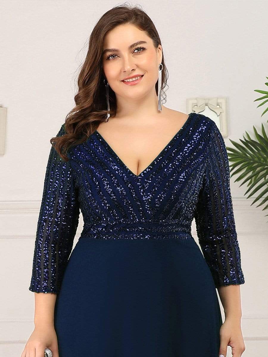 Color=Navy Blue | Sexy V Neck A-Line Plus Size Sequin Evening Dress With Sleeve-Navy Blue 5