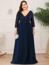 Color=Navy Blue | Sexy V Neck A-Line Plus Size Sequin Evening Dress With Sleeve-Navy Blue 1