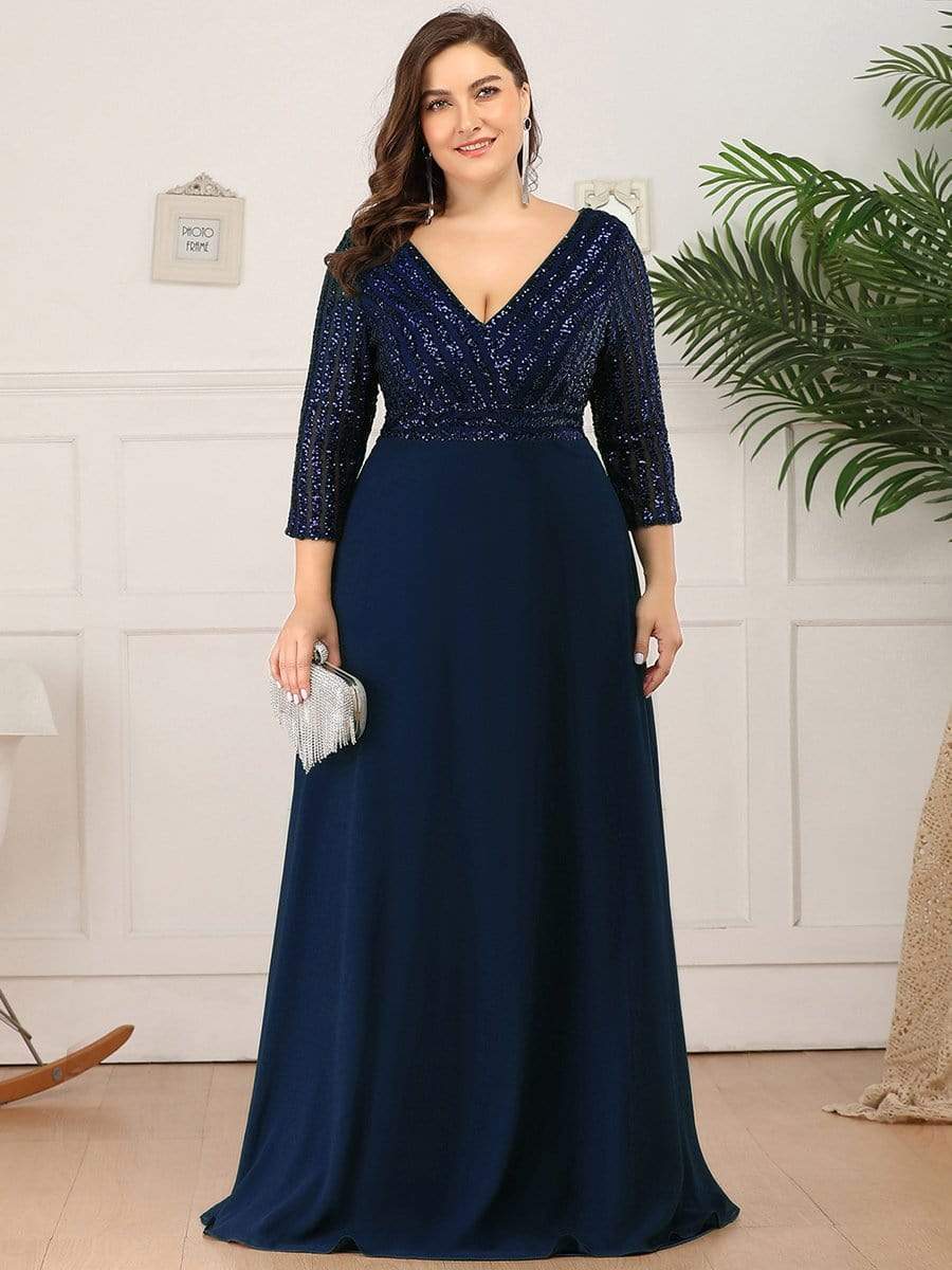 Color=Navy Blue | Sexy V Neck A-Line Plus Size Sequin Evening Dress With Sleeve-Navy Blue 1
