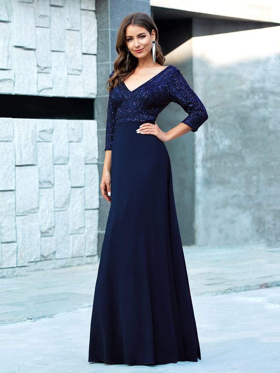 Deep V Neck Sequin Bodice Evening Dress with Sleeves