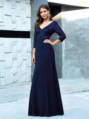 Color=Navy Blue | Sexy V Neck A-Line Sequin Evening Dress-Navy Blue 3