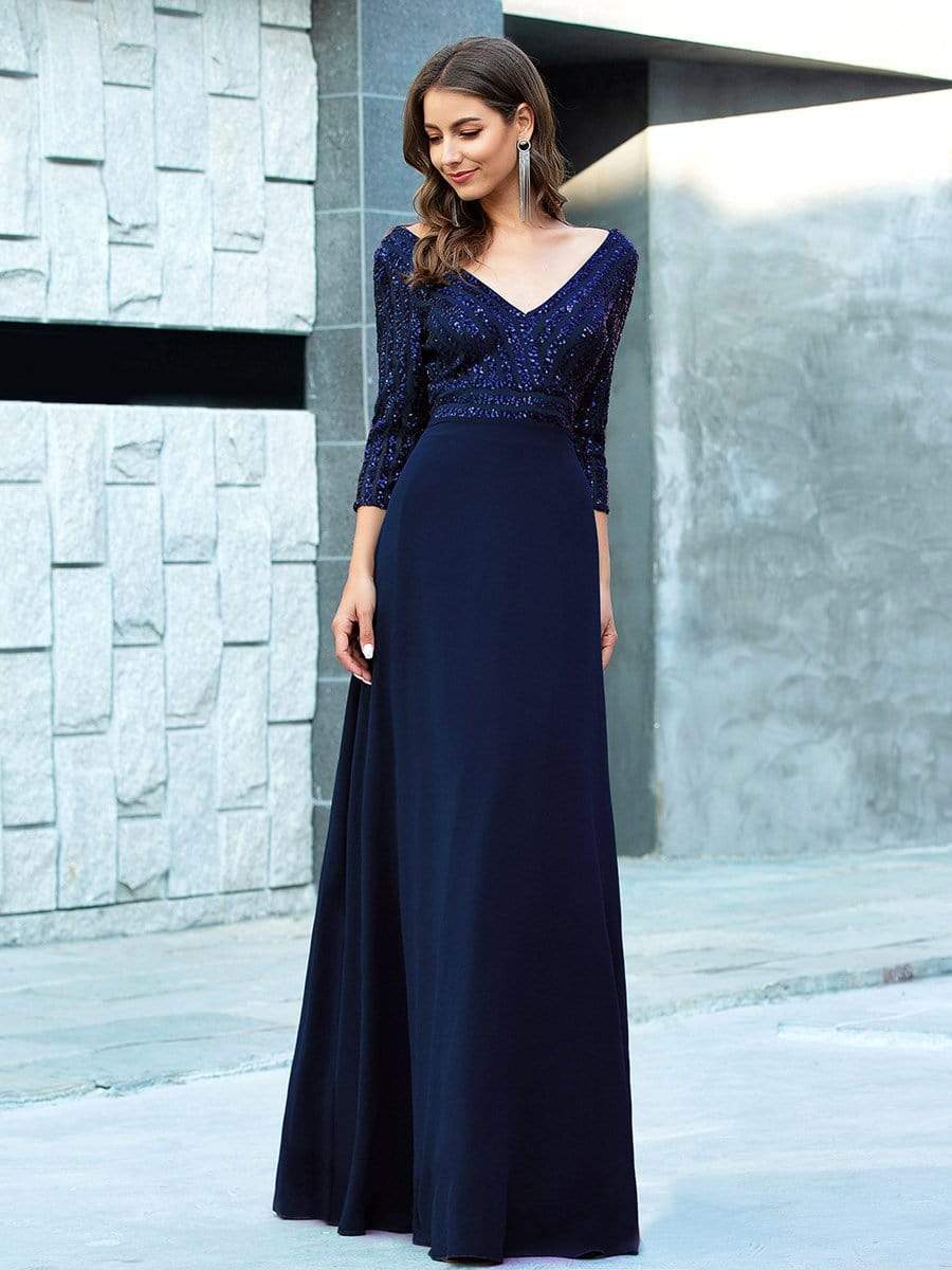 Color=Navy Blue | Sexy V Neck A-Line Sequin Evening Dress-Navy Blue 1