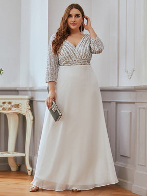 Color=White | Sexy V Neck A-Line Plus Size Sequin Evening Dress With Sleeve-White 3