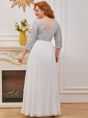 Color=White | Sexy V Neck A-Line Plus Size Sequin Evening Dress With Sleeve-White 2