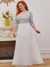 Color=White | Sexy V Neck A-Line Plus Size Sequin Evening Dress With Sleeve-White 1