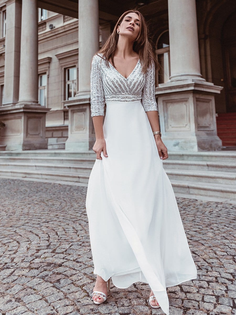 Color=White | Sexy V Neck A-Line Sequin Evening Dress-White 3