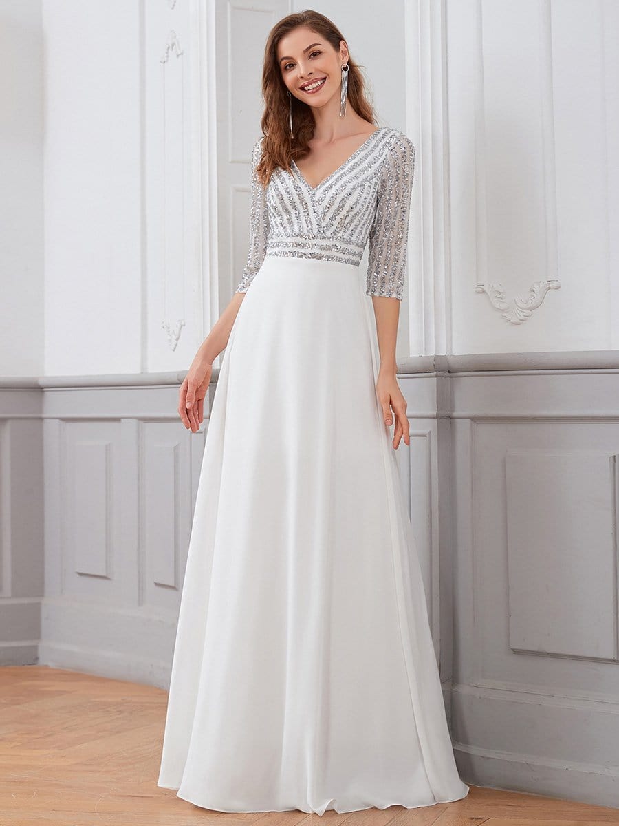 Color=White | Sexy V Neck A-Line Sequin Evening Dress-White 4