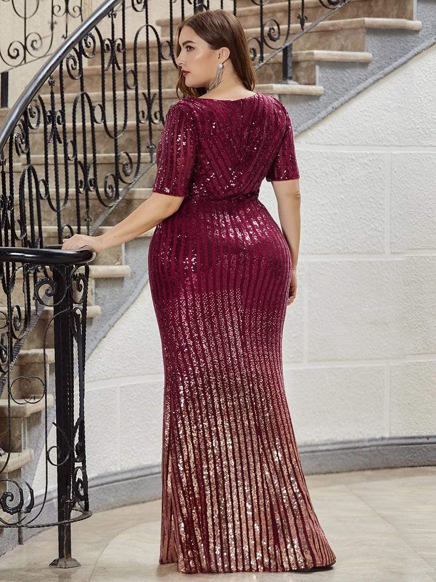 Color=Burgundy | Sexy Sequin Deep V Neckline Fishtail Evening Dreeses-Burgundy 7