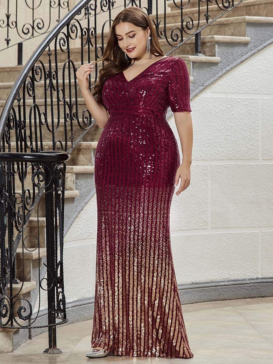 Color=Burgundy | Women's Fashion V Neck Plus Size Mermaid Sequin Evening Dress-Burgundy 3