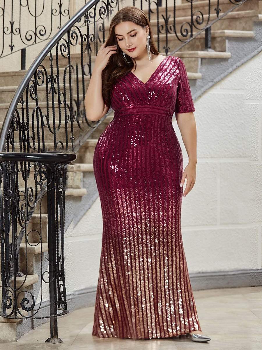 Color=Burgundy | Women's Fashion V Neck Plus Size Mermaid Sequin Evening Dress-Burgundy 4